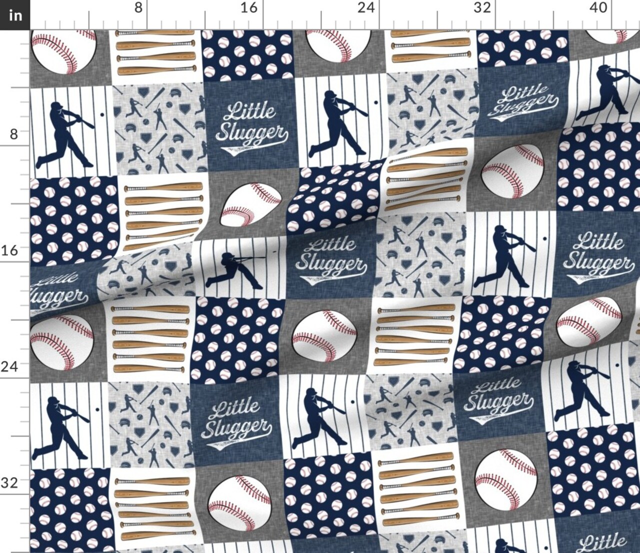 Baseball Patchwork Wholecloth Cheater Quilt Baby Boy Grey Blue Pinstripe Custom Printed Fabric by Spoonflower Various Fabrics by the Yard or Fat Quarter